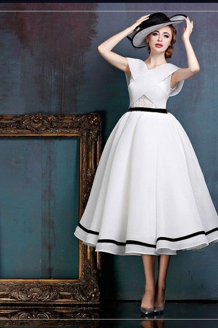 Black and white top tea length wedding dresses