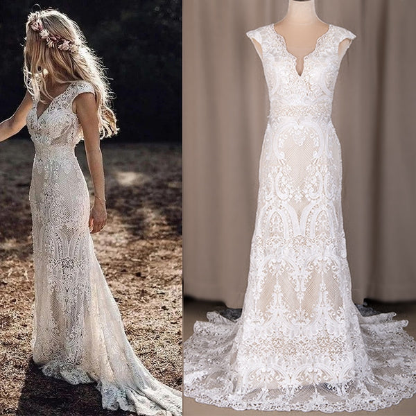 Floral Lace Wedding Dress with Straps,Boho Wedding Dress Garden,WD00634