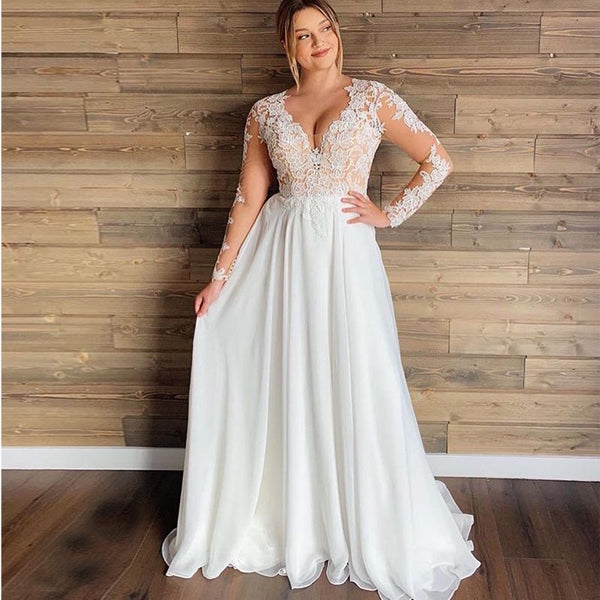 Cw236 Plus Size V Neck Lace Appliques Long Sleeves Wedding Gown Nirvanafourteen