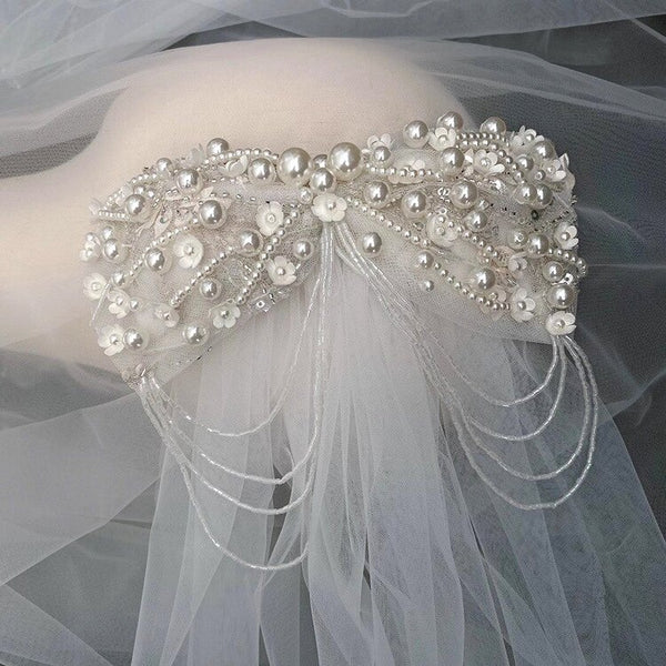 Bv80 Fairy Pearl Bow Tassel Short Wedding Veil - Nirvanafourteen