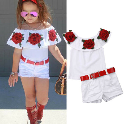 FG623 : 2pcs/set Girls Off Shoulder Tops+Denim Shorts (1-6Yrs)