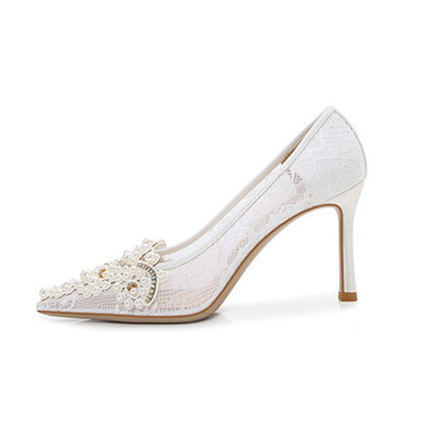 BS306 Pearl Lace Wedding Heels (White/Black)