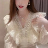 TJ191 Ruffle Lace Korean Shirts ( white/Beige)