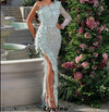 LG660 Pageant gown One shoulder feathers