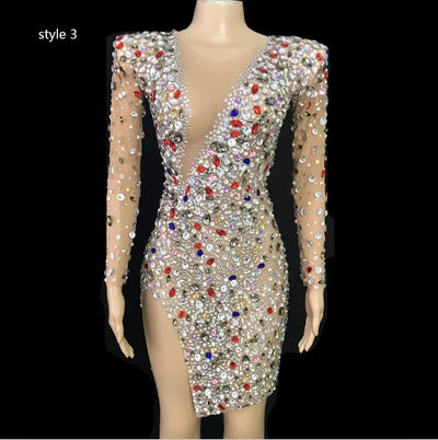 KP131 Singer dress Sparkly Colorful Rhinestones See Through(4 styles )