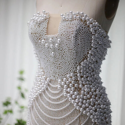 SS246 Full Pearls beaded strapless Short Wedding dress