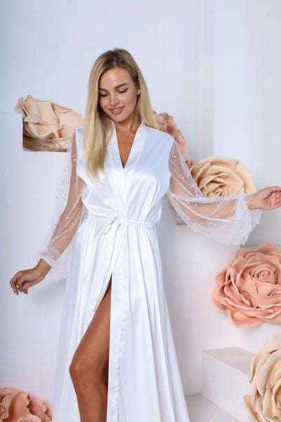 BR27 Bridal Robe Pearl Tulle Sleeves For Bridal Party