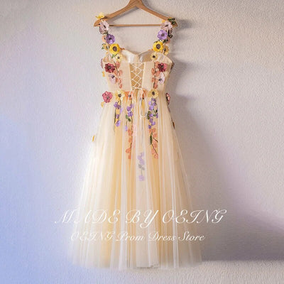 BH443: 3D Flower Tulle Tea Length Bridesmaid dress