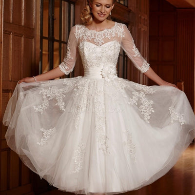 SS180 Half Sleeve Sequins Appliques Knee Length Bridal Dresses