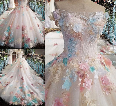 CG83 Off the shoulder 3D flowers beaded Wedding Gowns(Pink/White/Blue)