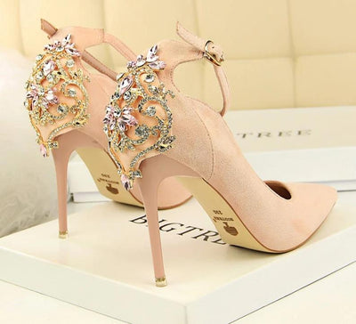 BS49 Pointed Toe Crystal Buckle Bridal High Thin Heels(5 Colors)