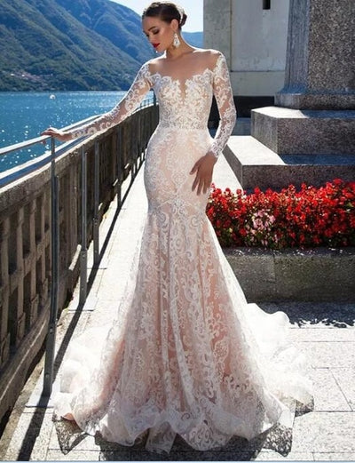 HW79 Luxury Long Sleeve Mermaid Wedding Dress with see through Back
