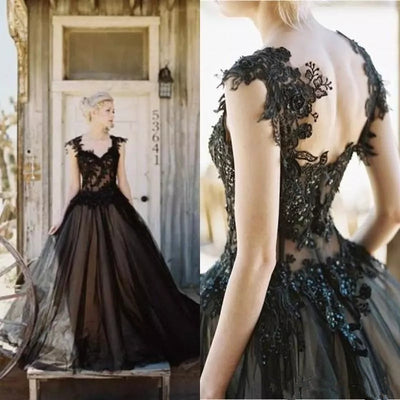CG116 Vintage Gothic Black Wedding Dresses