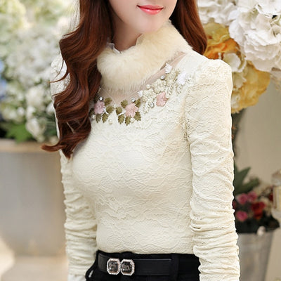 TJ125 Korean style Plus size High neck lace Blouses( 3 Colors )