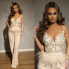 JR99 Spaghetti Strap Lace Appliqued Feather Prom Jumpsuit
