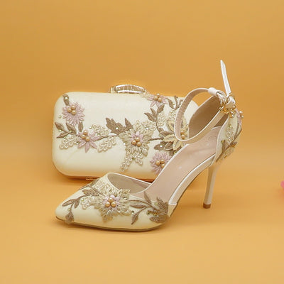 BS69 Appliques Flower wedding shoes with matching purse