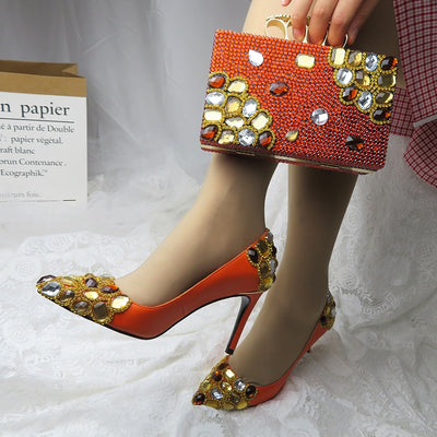 BS145 Orange Crystal wedding shoes with matching bag