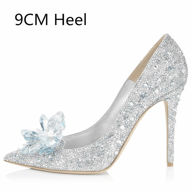Cinderella Silver Crystal Wedding Shoes 2020 Leather Rhinestone 10 cm  Stiletto Heels Pointed Toe Wedding Pumps