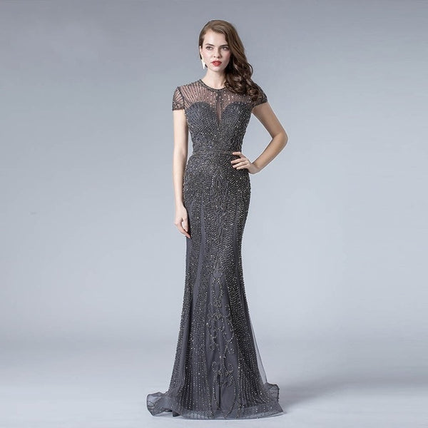 LG330 Gray Rhinestones beaded Evening Gown - Nirvanafourteen