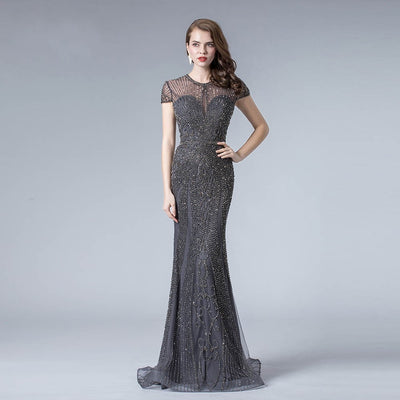 LG330 Gray Rhinestones beaded Evening Gown