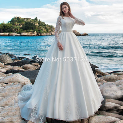 CW467 Long Sleeves Lace Satin Wedding Dress with open back