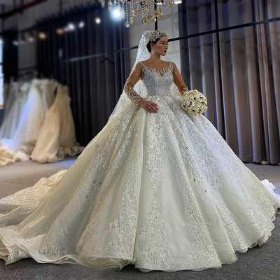 HW430 Luxury Beaded Long Sleeves satin Wedding Gown