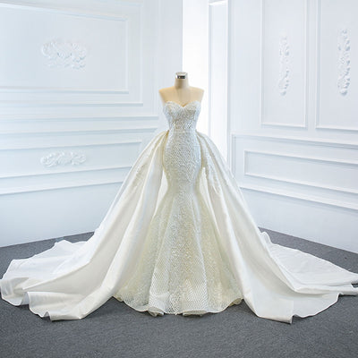 HW355: 2pcs Pearls Lace Mermaid Wedding Dress With Detachable Chapel Train