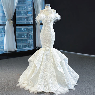 HW354 Halter Shiny Beading Feather Lace Mermaid Wedding Dress