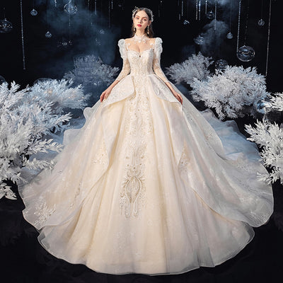 HW339 Gorgeous Shiny 3/4 Sleeve Wedding Gowns