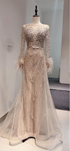 LG394 Real Pictures Evening Gown Long sleeves feather beaded ( 4 Colors )