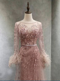 LG394 Real Pictures Evening Gown Long sleeves feather beaded ( 4 Colors )