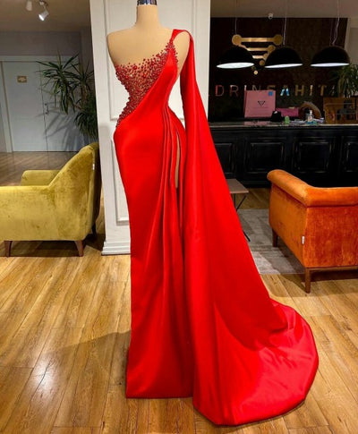 LG489 One Shoulder Satin Pearls Mermaid Evening Gowns
