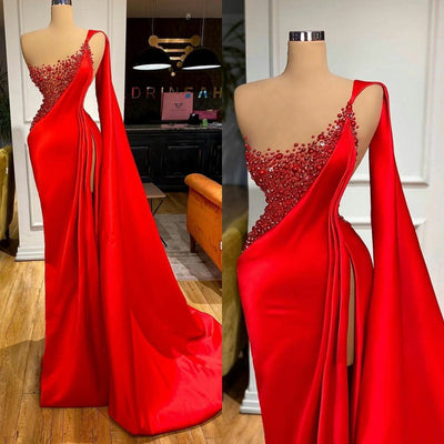 LG489 One Shoulder Satin Pearls Mermaid Evening Gowns
