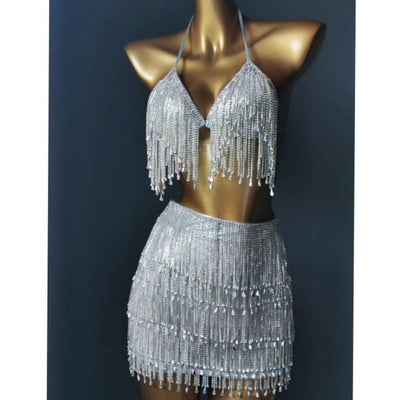 SW46 Handmade Beachwears diamond tassels bra+skirt
