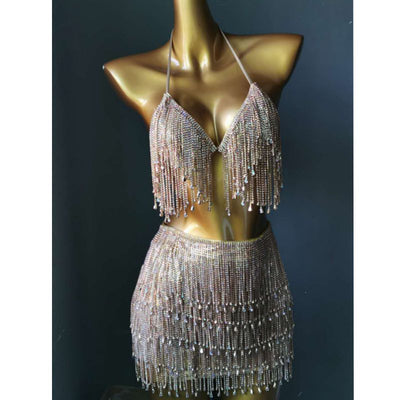 SW46 Handmade Beachwears diamond tassels bra+skirt