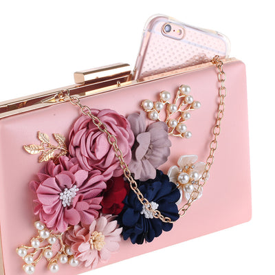 CB47 Single Side Flower Ladies Clutch Bags (White/Pink)