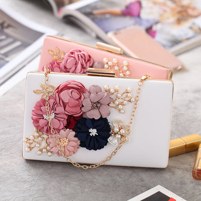 CB47 Single Side Flower Ladies Clutch Bags (White/Pink)