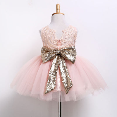 FG313 Bow Sequins Birthday Dress for girls (White/Pink)