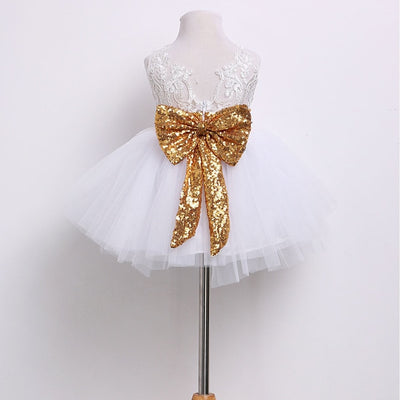 FG313 Bow Sequins Birthday Dress for girls (White/Pink)