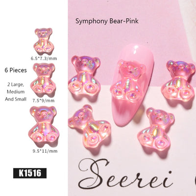 BC21 : 6Pcs/Set CRYSTAL GLUE SYMPHONY BEAR Nail Art Decorations