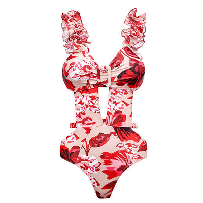 SW86 Floral printed Red Swimsuit