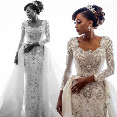 HW124 Long Sleeves Beaded Crystals Wedding Gowns with overskirt