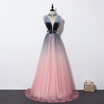 PP314 Gradient Pink High neck Evening Gowns