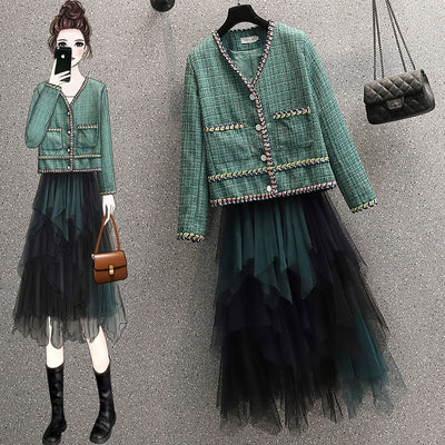 CK132 Fashion autumn clothing for women ( Tweed jacket,midi skirt)