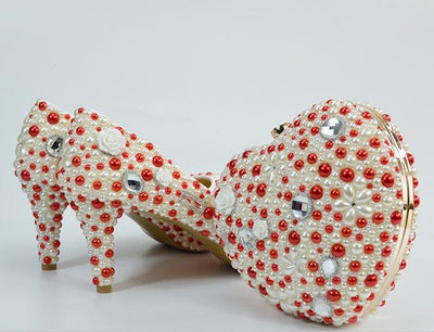 BS79 Red and Cream pearl Bridal shoes with matching bag
