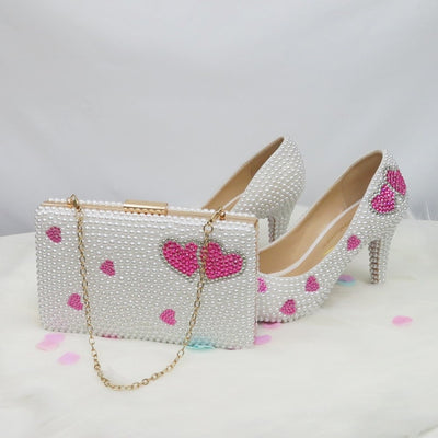 BS142 Lover heart White pearl Bridal Shoes , matching purse