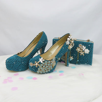 BS143 Teal Blue Pearl wedding shoes with matching bags