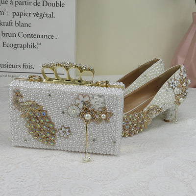 BS71 Peacock pearl wedding shoes with matching Clutch Bag
