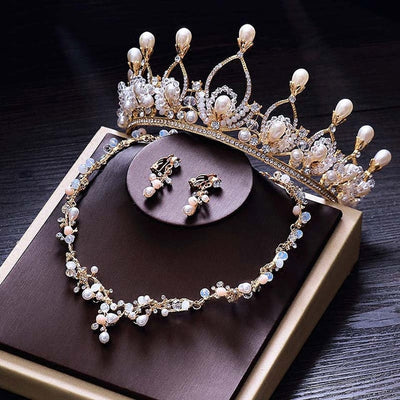 BJ84 Set of Bridal Pearl Tiara +Earing + Necklace