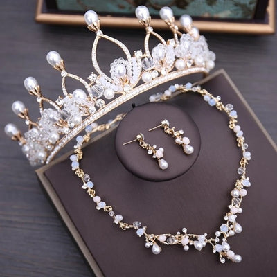 Vintage Pearls Bridal Jewelry Set(Necklace Earrings+Crown+Earrings)